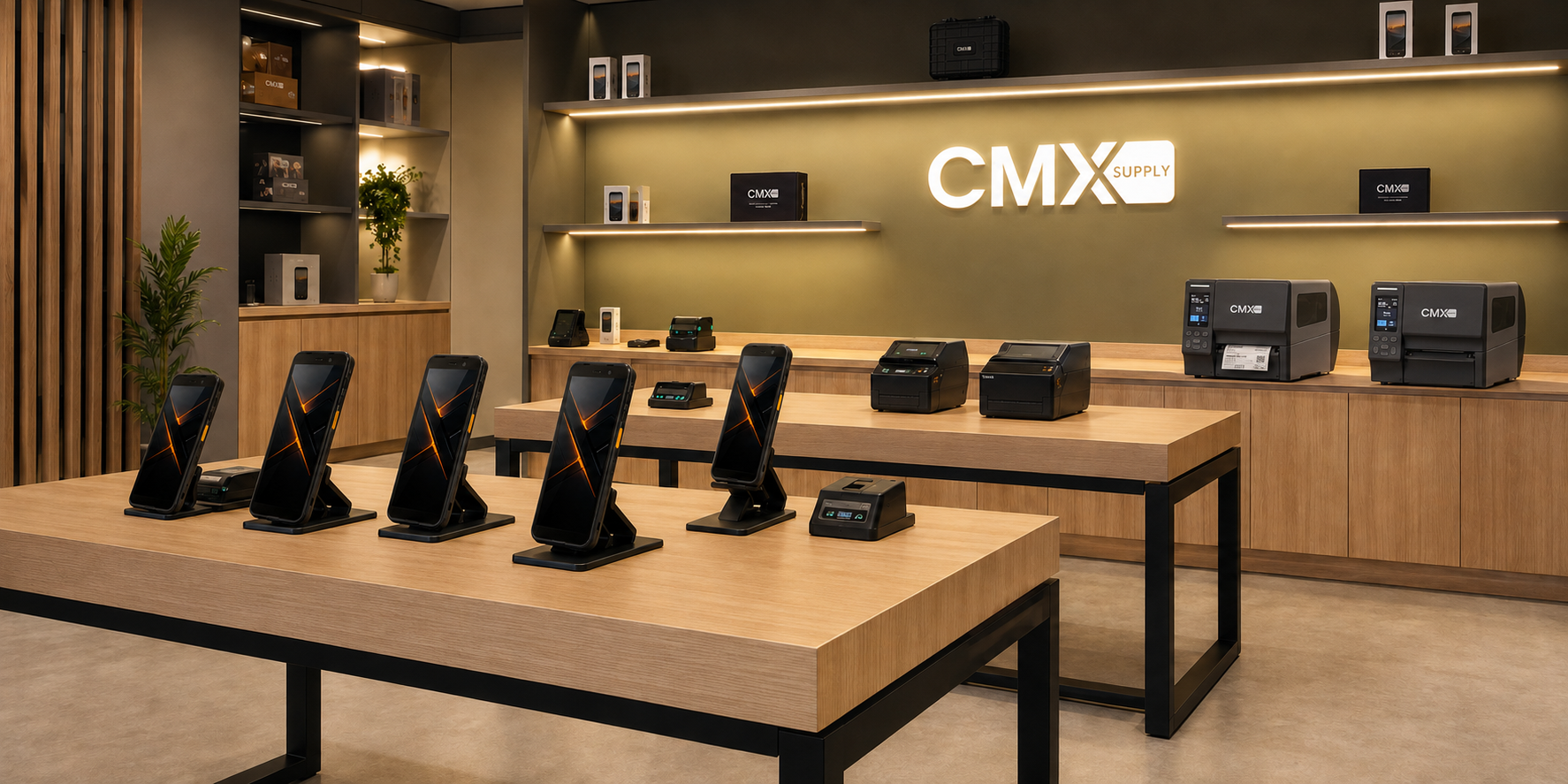 Showroom CMX Supply em Rio Claro - SP, com coletores e impressoras expostos